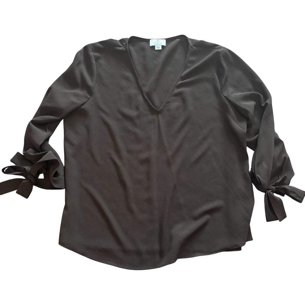 CeCe Women Black V-Neck Tie Cuff Long Sleeve Crepe Blouse Top Size L